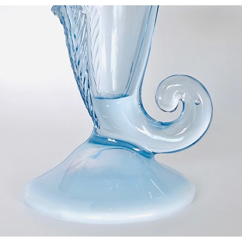 Vintage Duncan & Miller Three Feathers Blue Opalescent Cornucopia Vase 8